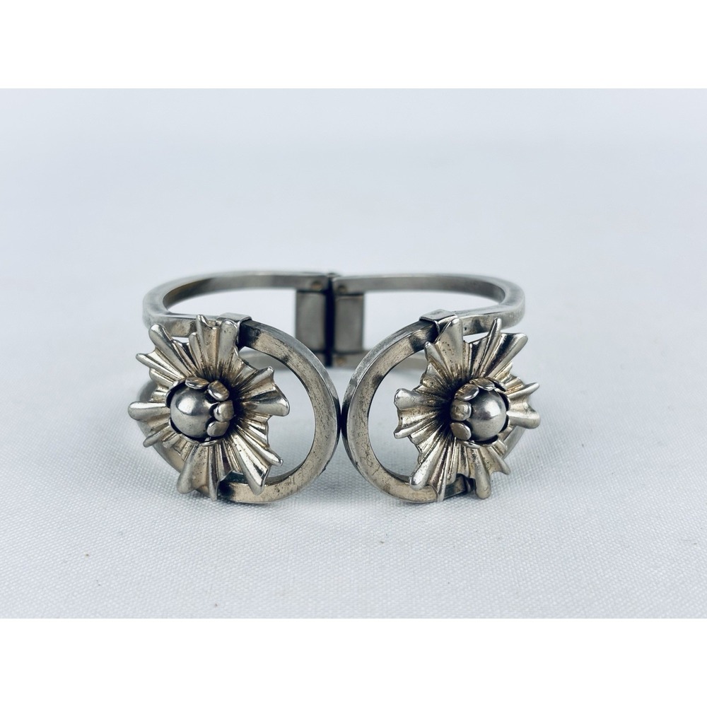 Vintage Sterling Silver? Textured Flower Floral Blossom Cuff Hinged Bracelet